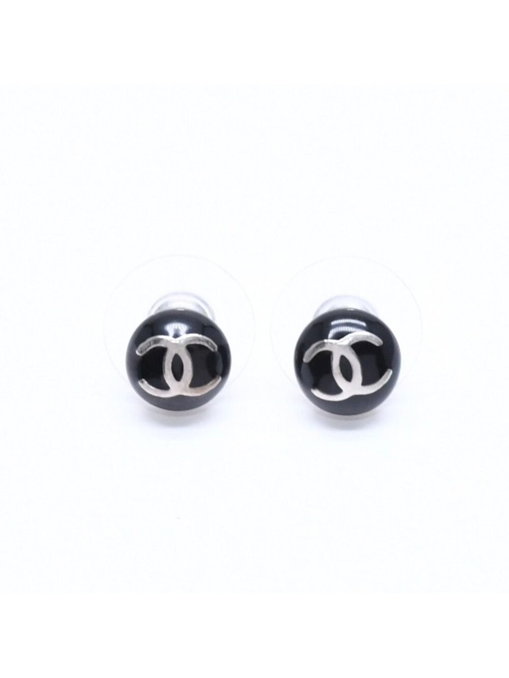 Chanel 03C Button Earrings CC Logo Black Silver 03